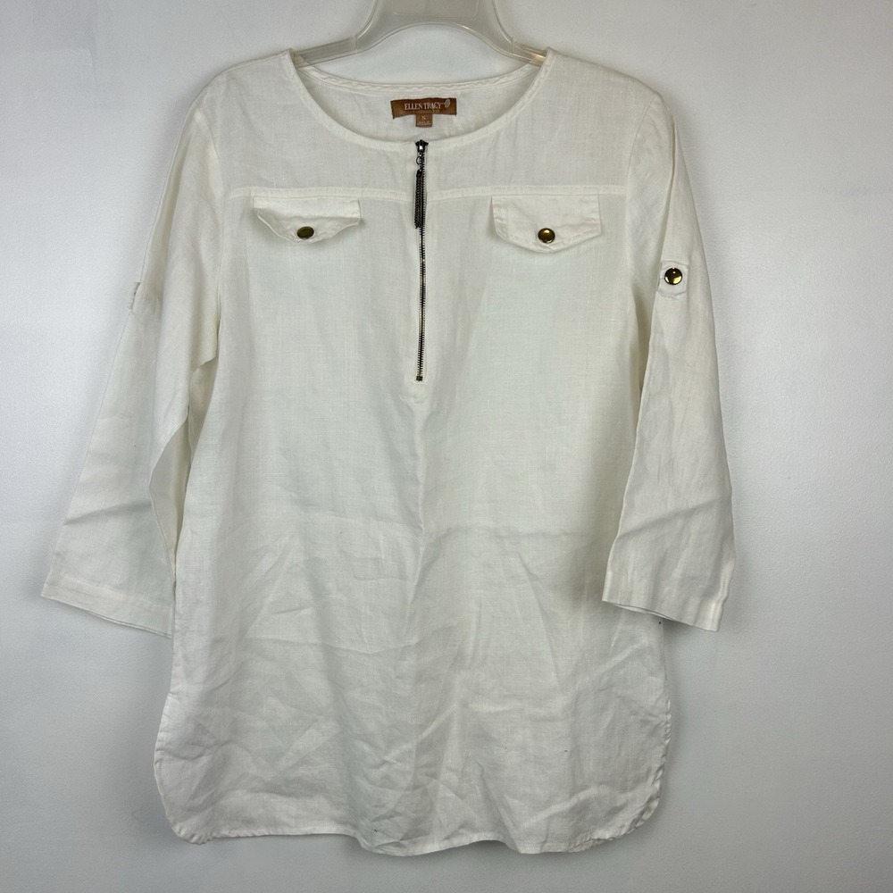 Ellen Tracy Linen Tunic Top Womens Small White  Wide Sleeves V Neck Pockets